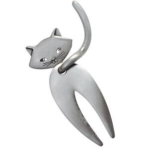 Vintage Signed JJ Large Articulated Cat Brooch Silver Tone Modernist Figural